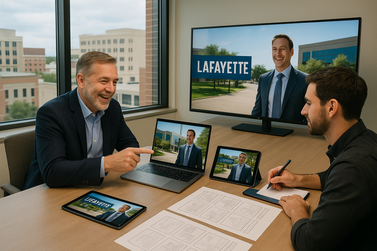 Lafayette business owner reviewing completed corporate video production with videographer