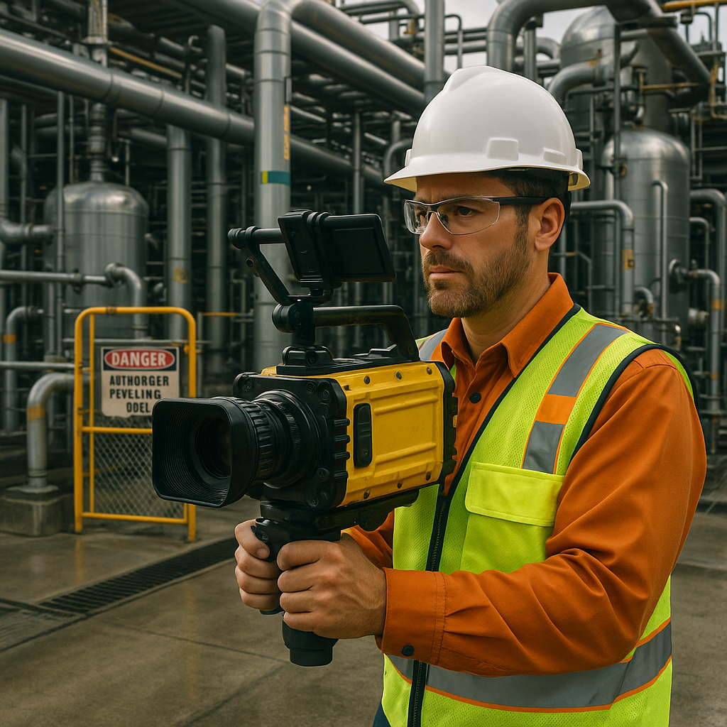 Videographer capturing oil and gas facility operations in Lafayette industrial corridor