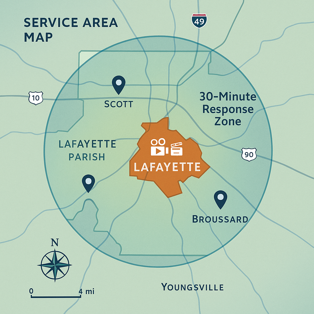 Lafayette Parish videography service map including Broussard Youngsville Scott Carencro