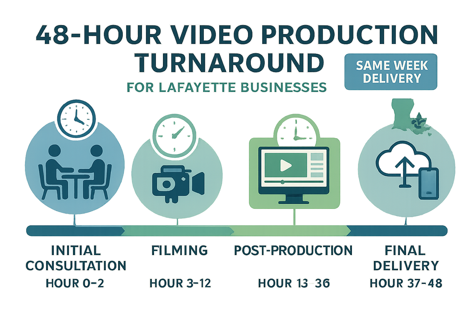 Lafayette video production timeline showing 48-hour turnaround for local businesses
