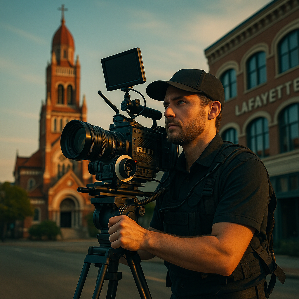 Professional videographer filming in downtown Lafayette Louisiana with cinema camera equipment