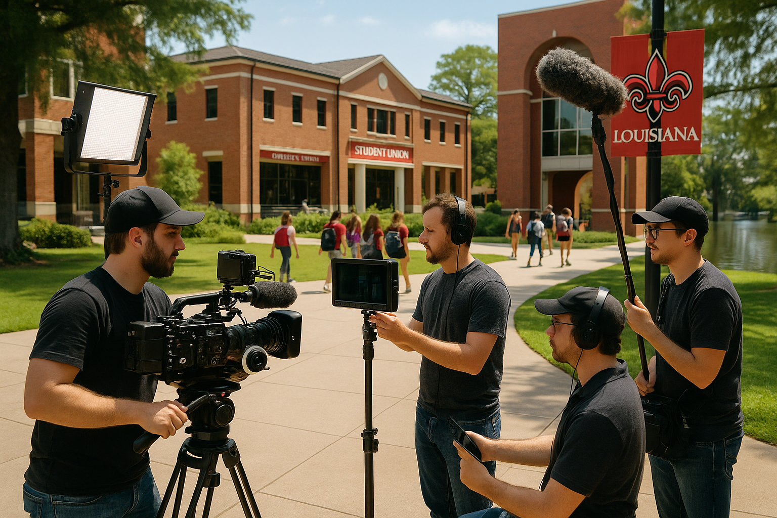 Lafayette videography team filming at UL Lafayette campus for university promotion