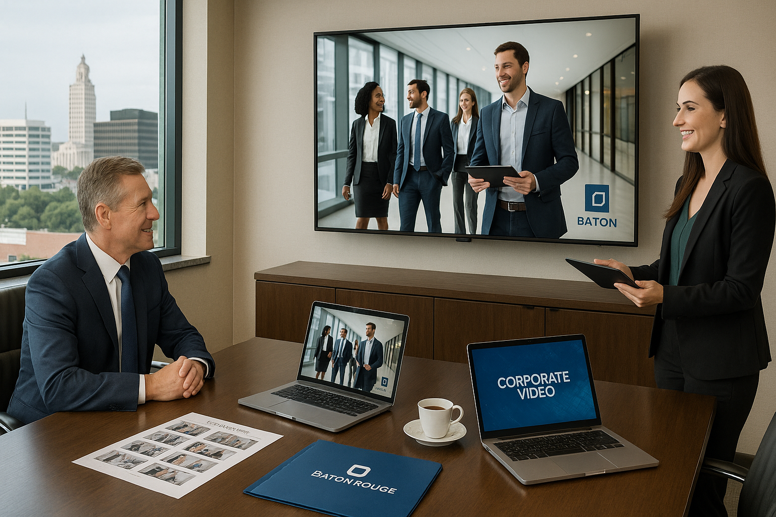 Baton Rouge corporate executive reviewing completed video project with production team