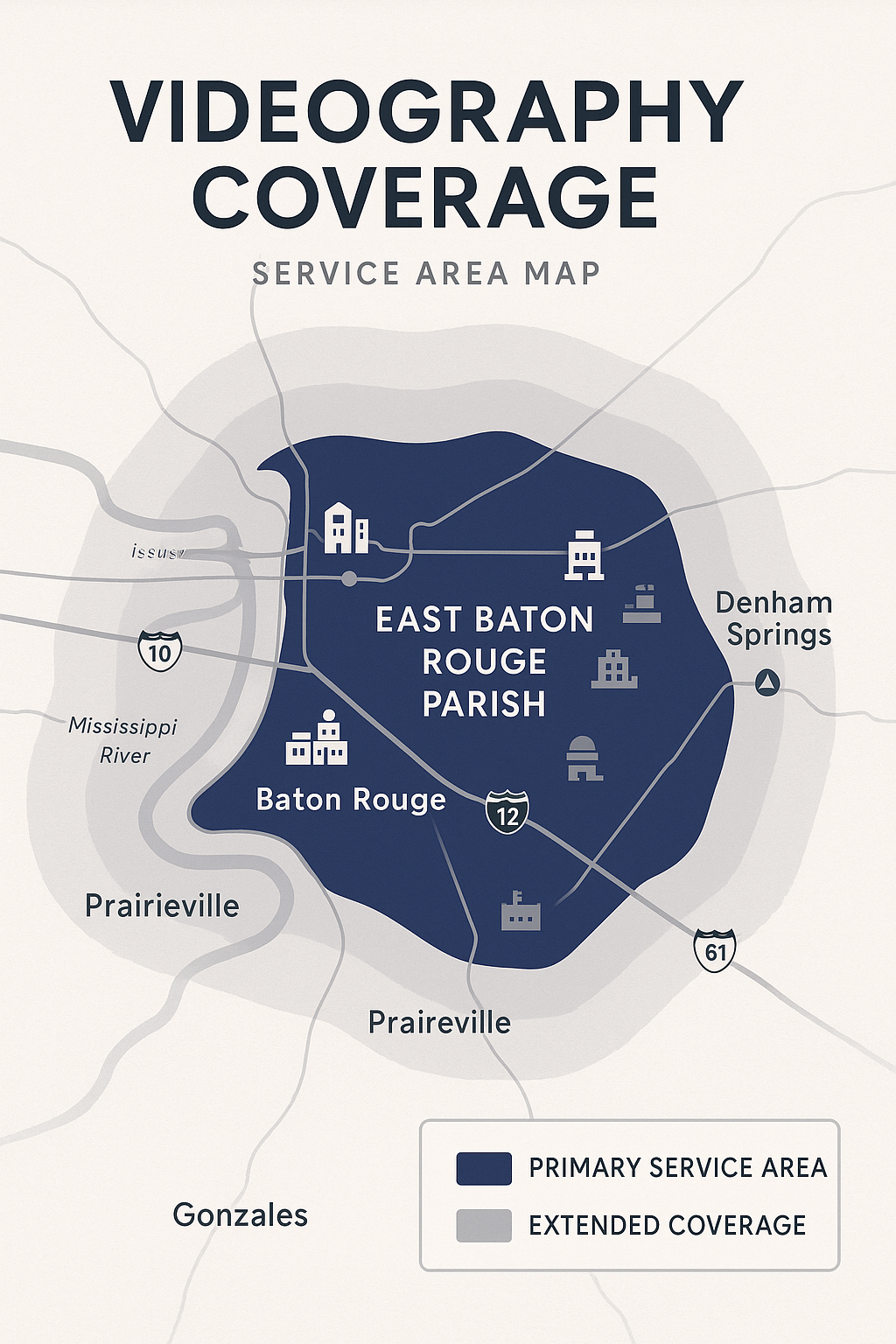 East Baton Rouge Parish videography service map including Prairieville Gonzales Denham Springs
