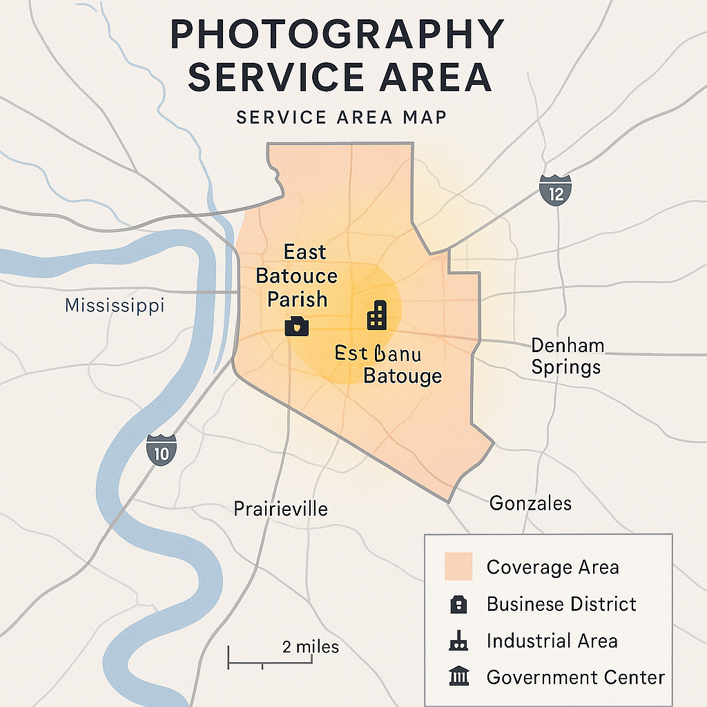 East Baton Rouge Parish photography coverage map including surrounding communities