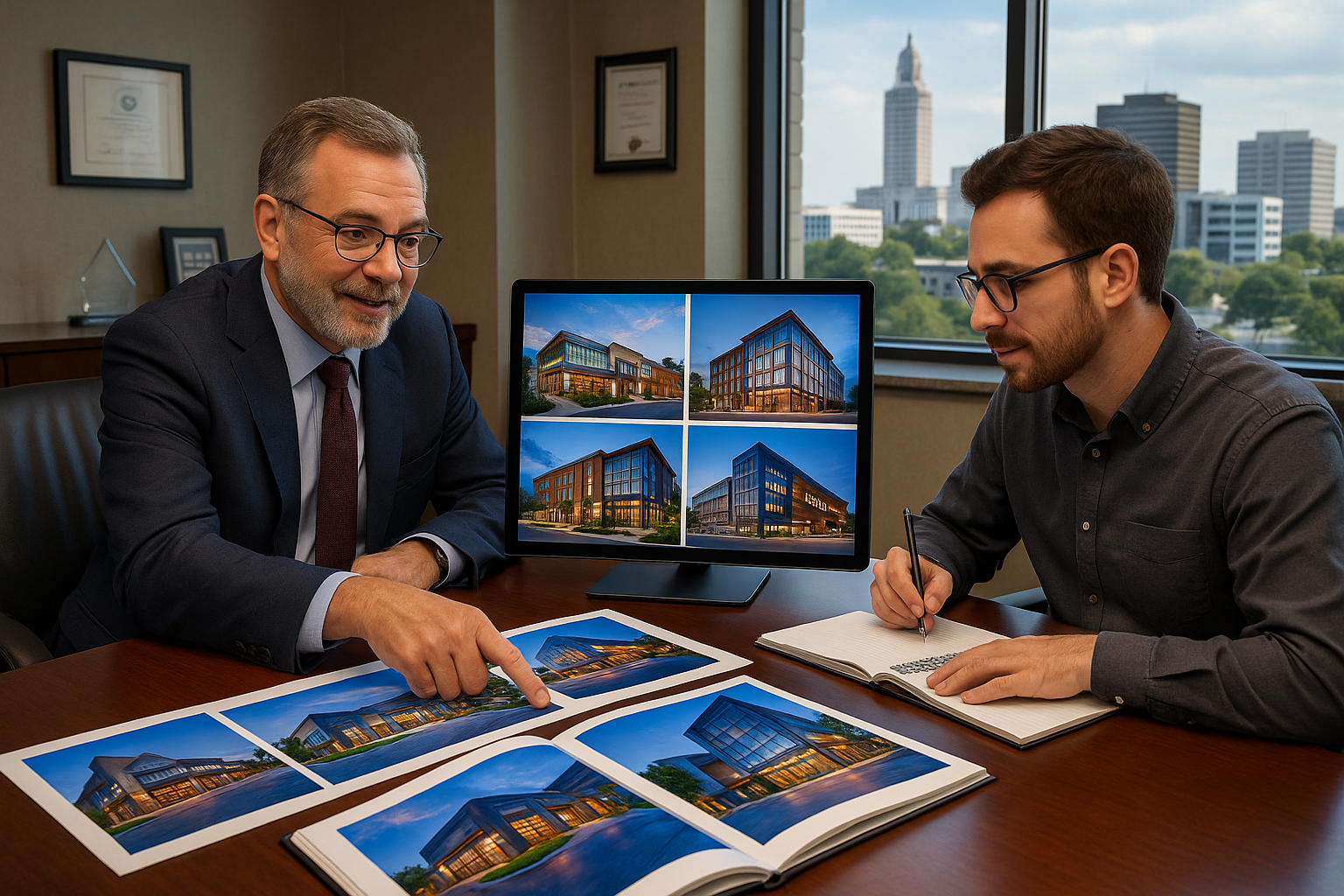 Baton Rouge corporate executive reviewing architectural photography portfolio