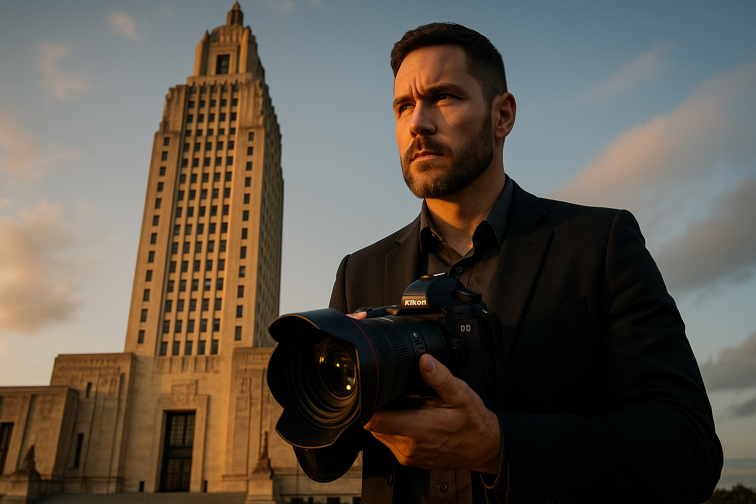 Professional photographer capturing Louisiana State Capitol architecture Baton Rouge