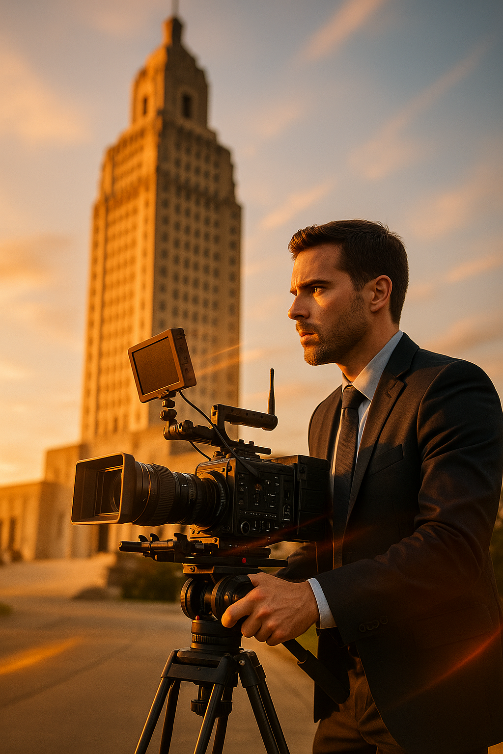Professional videographer filming at Louisiana State Capitol in Baton Rouge