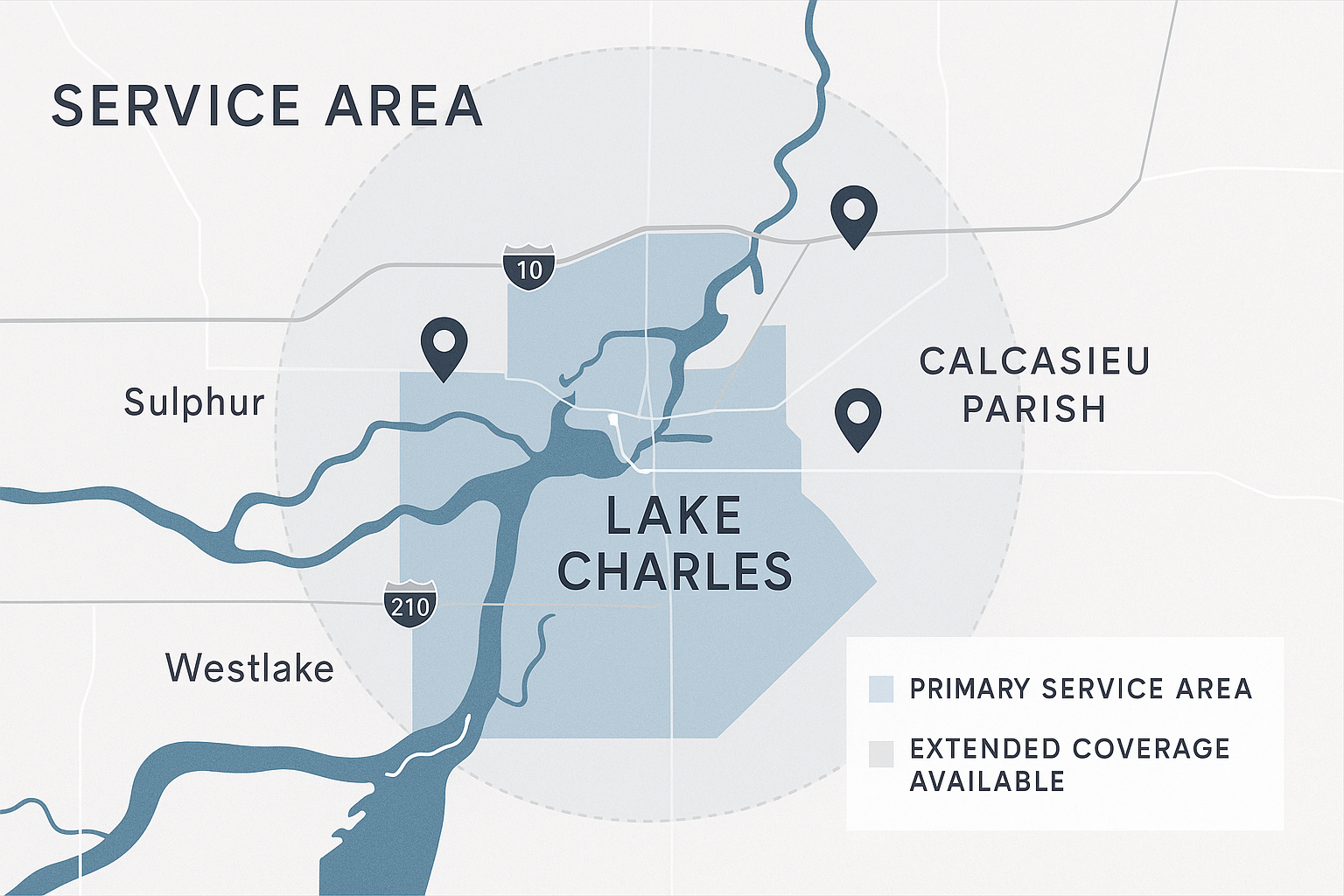 Calcasieu Parish photography service map including Sulphur Westlake areas