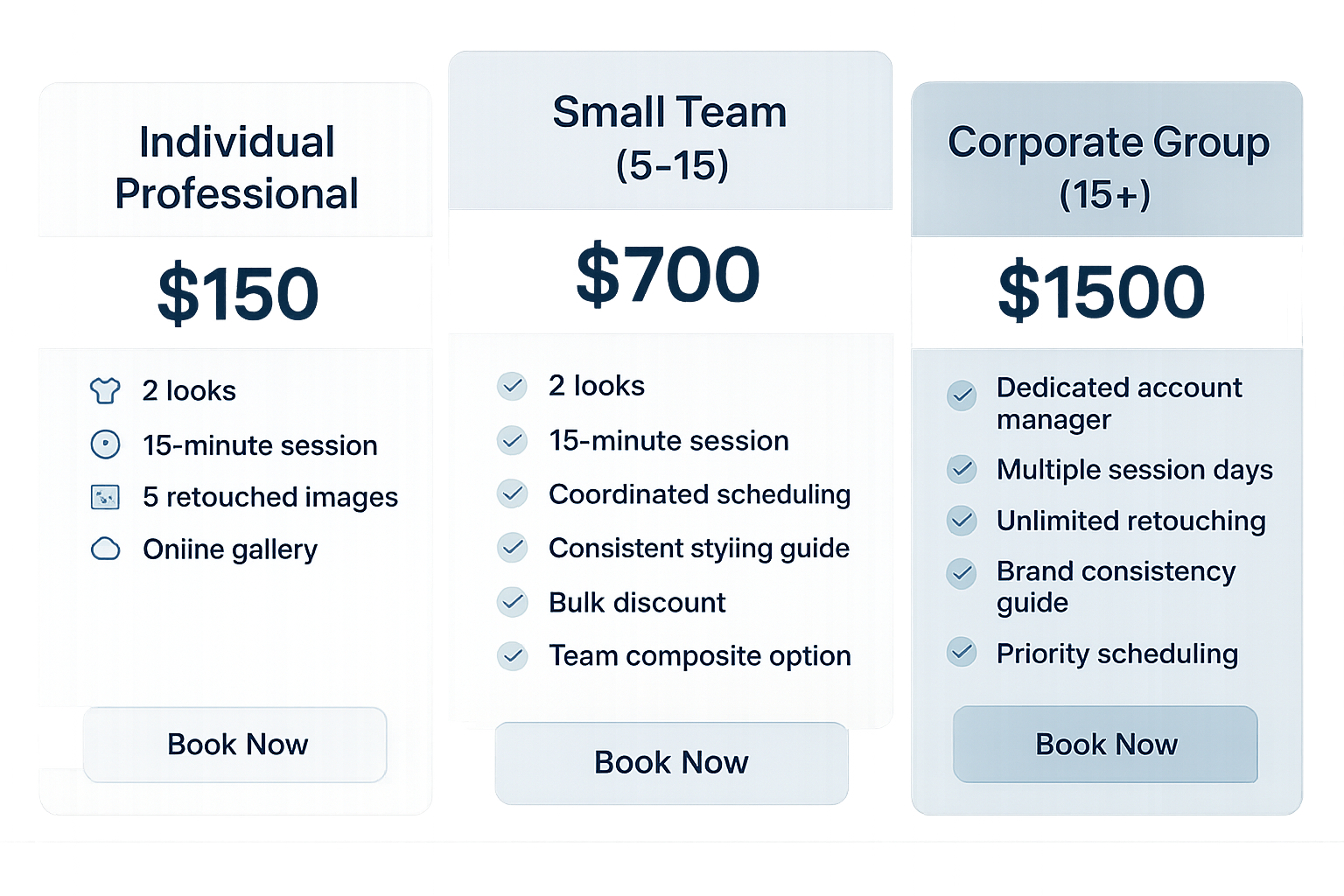 Corporate headshot pricing tiers individual team and group packages with features