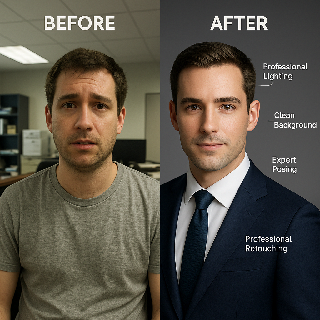 Before and after professional headshot transformation showing quality difference