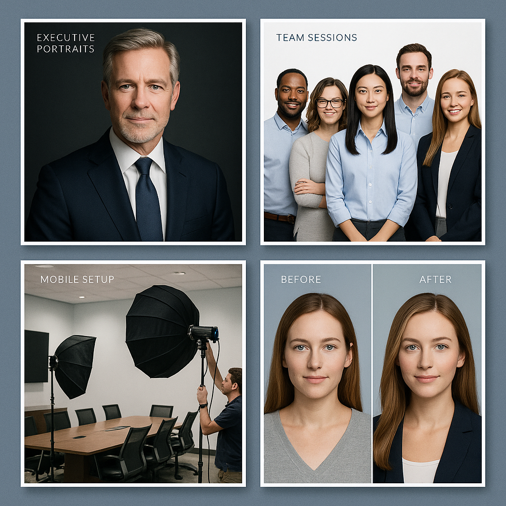 Four corporate headshot service types executive team onsite and retouching services
