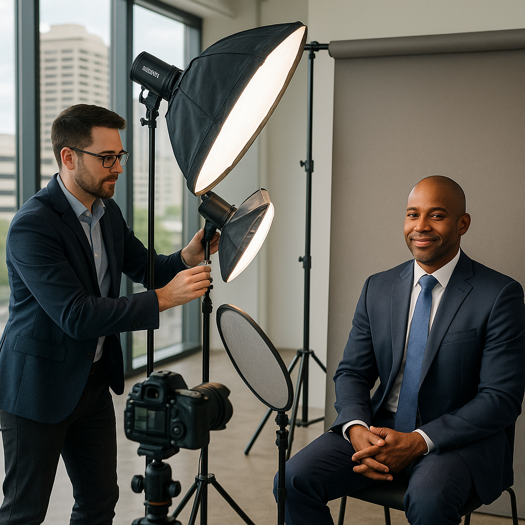 Professional corporate headshot photographer with mobile studio across Louisiana business districts