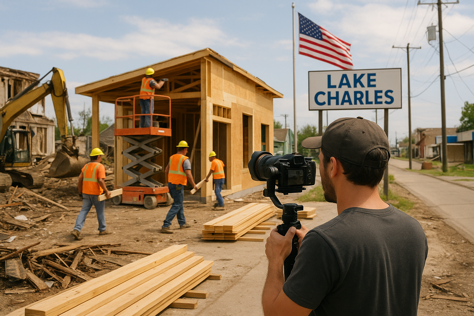 Videographer documenting hurricane recovery and rebuilding efforts in Lake Charles