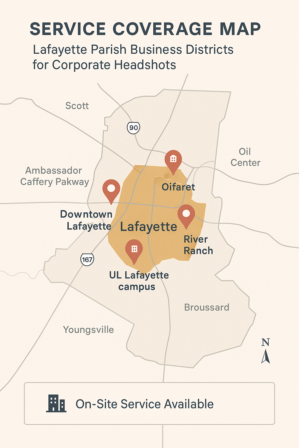 Lafayette Parish corporate headshot service coverage map