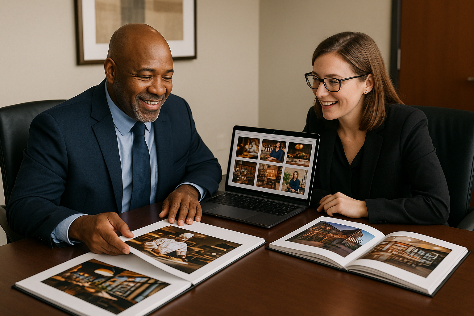 Lafayette business owner reviewing commercial photography portfolio with photographer