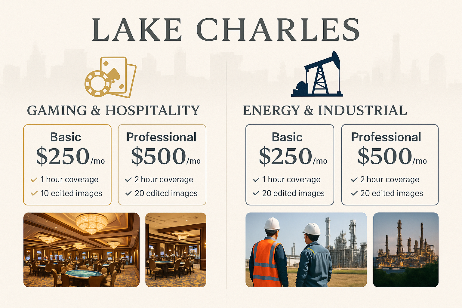 Lake Charles photography pricing for energy and hospitality sectors