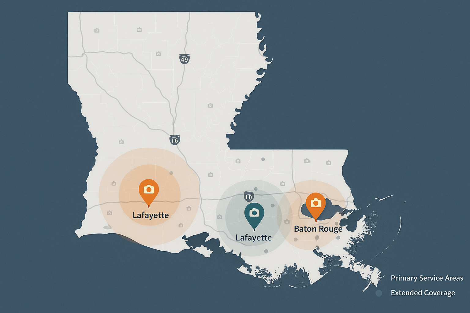 Louisiana photography service coverage map Lafayette Baton Rouge Lake Charles regions