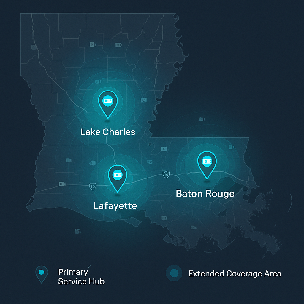 Louisiana videography service map showing Lafayette Baton Rouge Lake Charles coverage