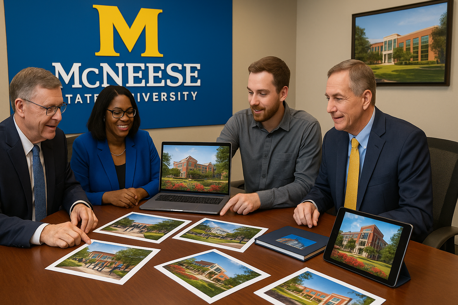McNeese State University officials reviewing campus photography with photographer