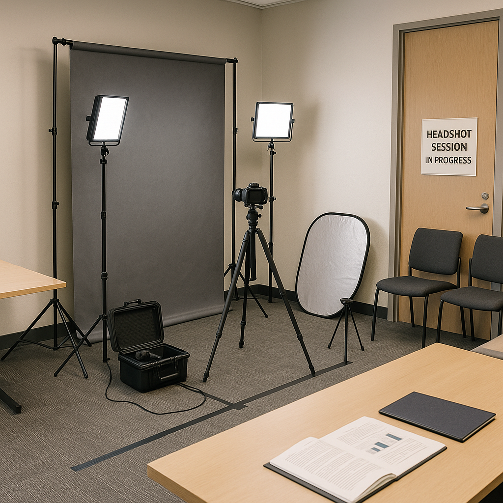 Mobile headshot studio setup at Louisiana corporate office conference room