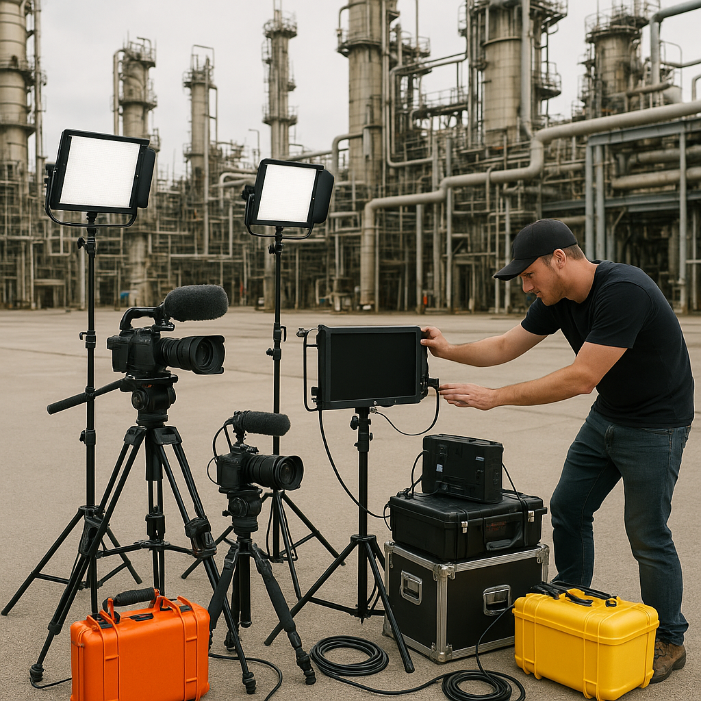 Mobile video production setup at Lake Charles petrochemical plant location
