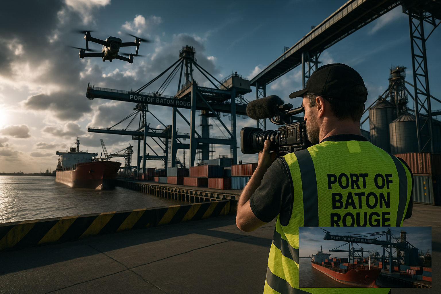 Videographer filming Port of Baton Rouge shipping and maritime commerce operations