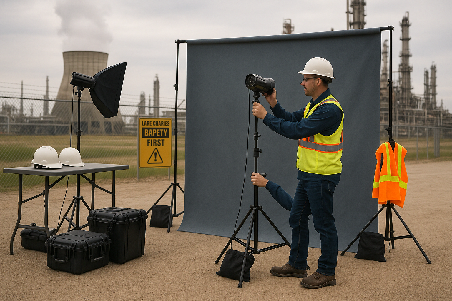 Mobile headshot setup at Lake Charles refinery safe zone
