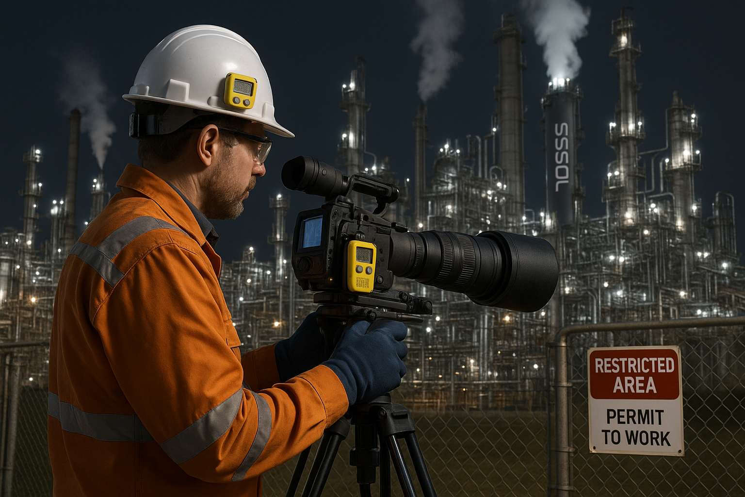Videographer filming Sasol chemical complex operations with specialized equipment
