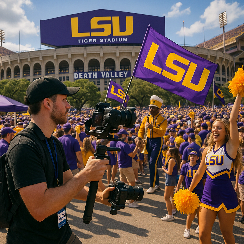 Baton Rouge videographer capturing LSU Tigers game day atmosphere and events